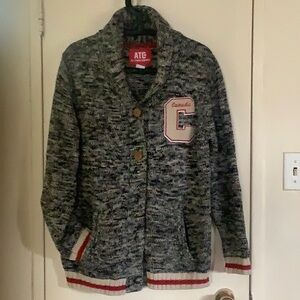 Gray and Red Varsity Jacket with Contrasting Trim